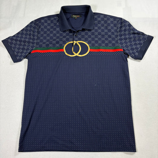 Pavini Polo Shirt Mens XL Navy Designer Style Red Green Stripe Retro Streetwear