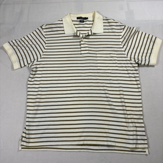 Daniel Cremieux Polo Shirt Mens L White Brown Yellow Stripe Classic Cotton Top