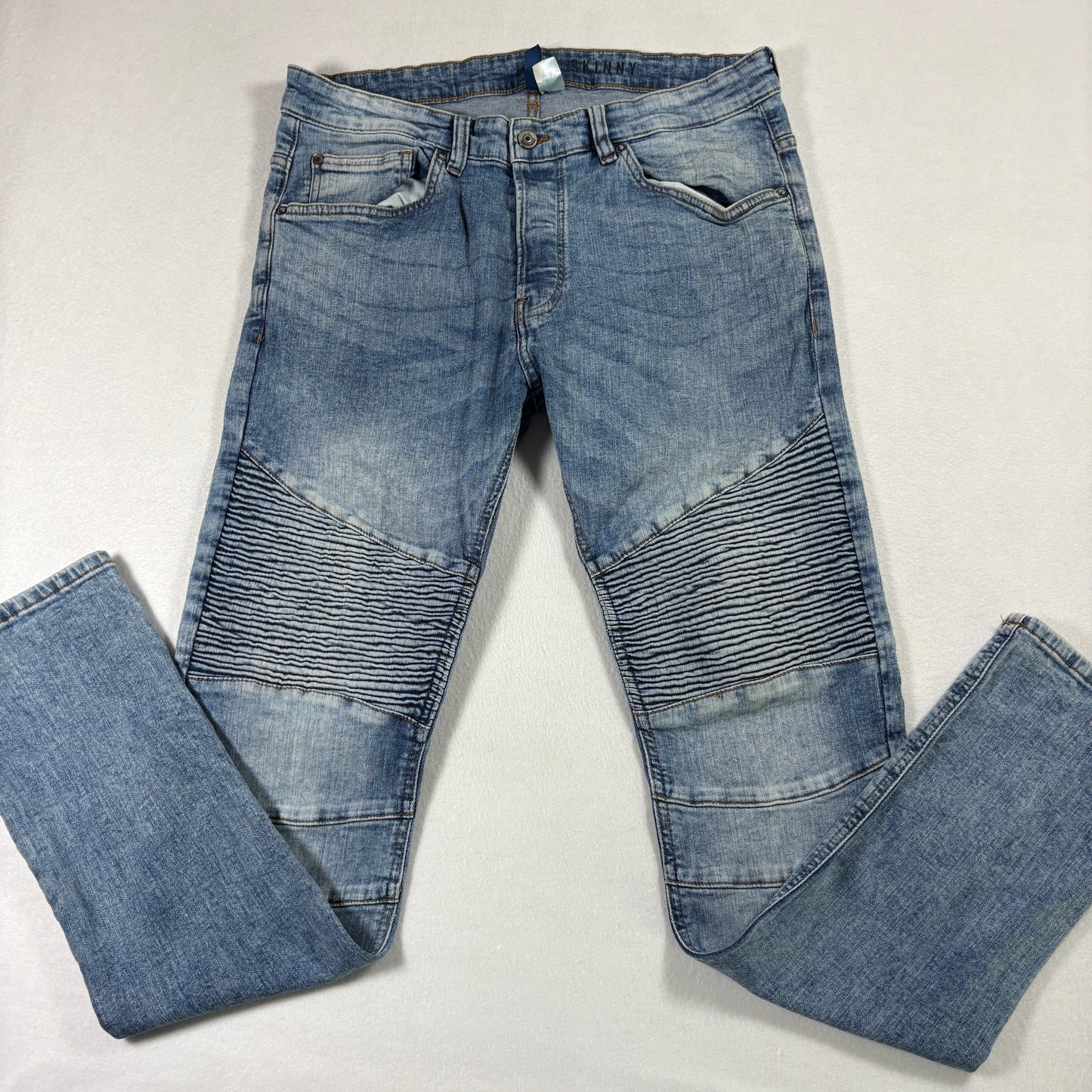 H&M Divided Mens Jeans 34 Skinny Fit Blue Biker Moto Denim Y2K 90s Grunge Vintage
