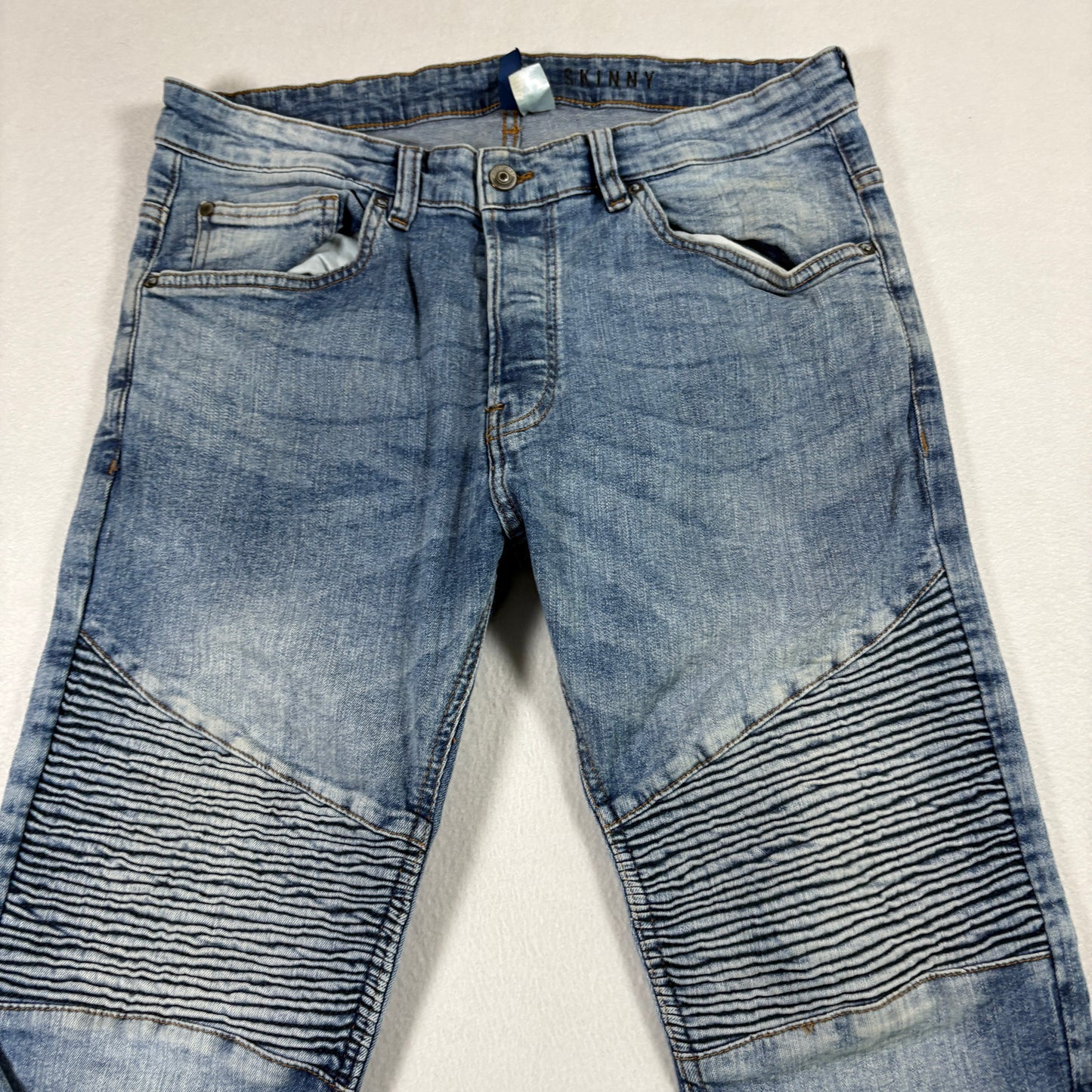 H&M Divided Mens Jeans 34 Skinny Fit Blue Biker Moto Denim Y2K 90s Grunge Vintage