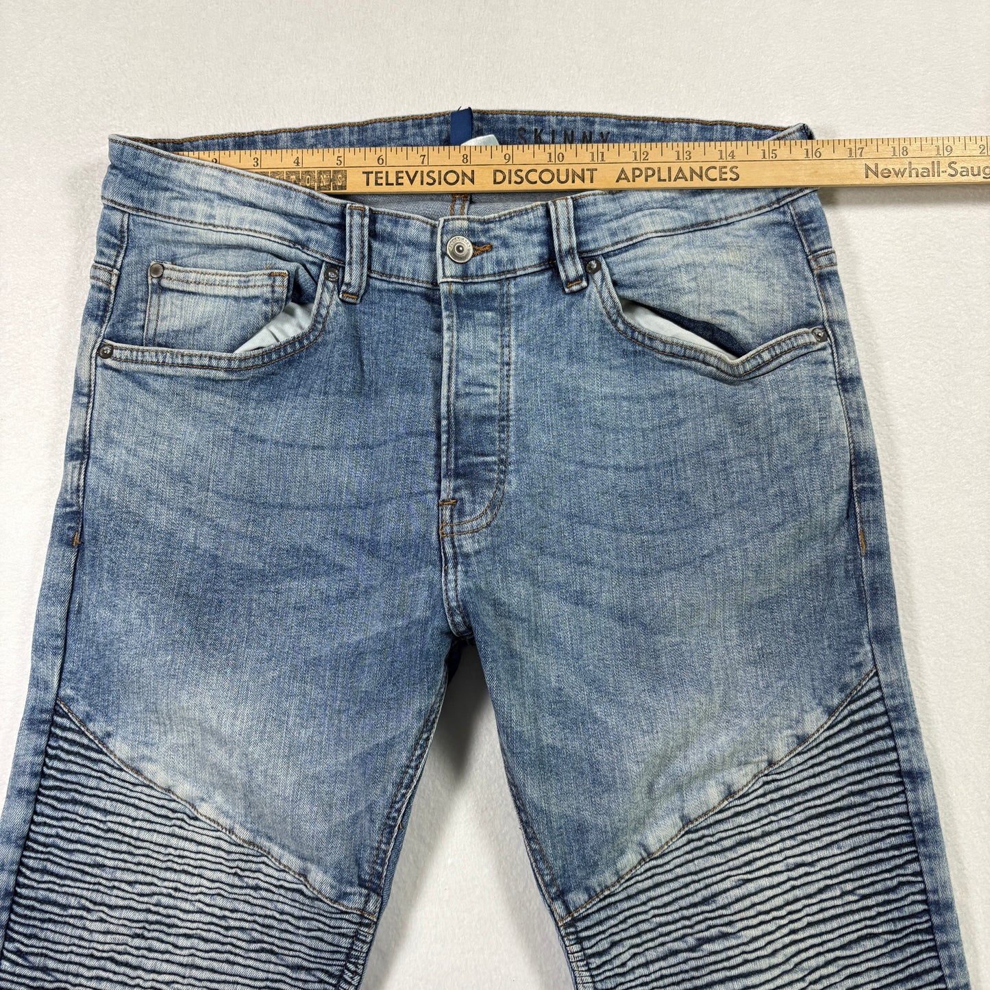 H&M Divided Mens Jeans 34 Skinny Fit Blue Biker Moto Denim Y2K 90s Grunge Vintage
