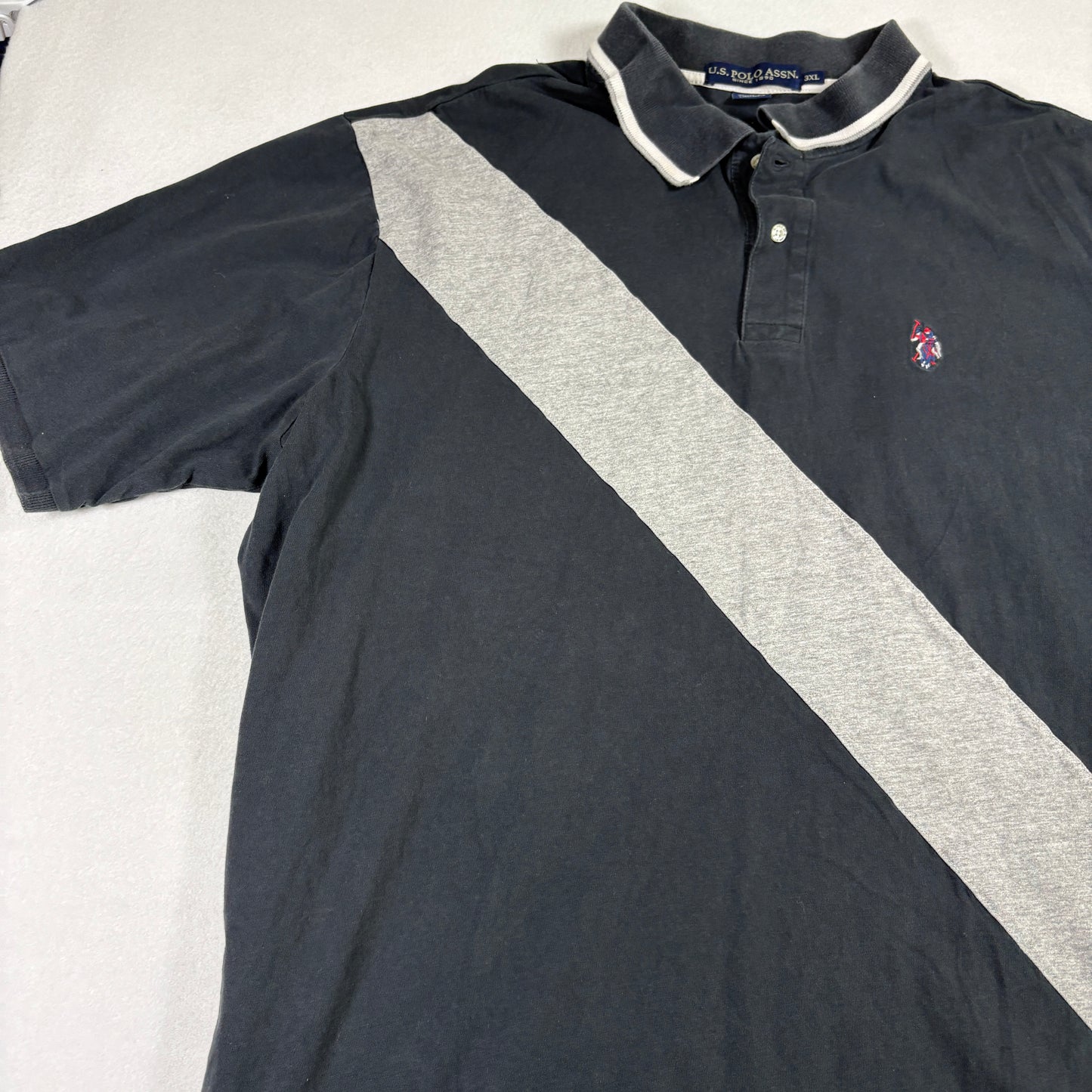 US Polo Assn Mens 3XL Black Gray Diagonal Stripe Polo Shirt Short Sleeve Cotton