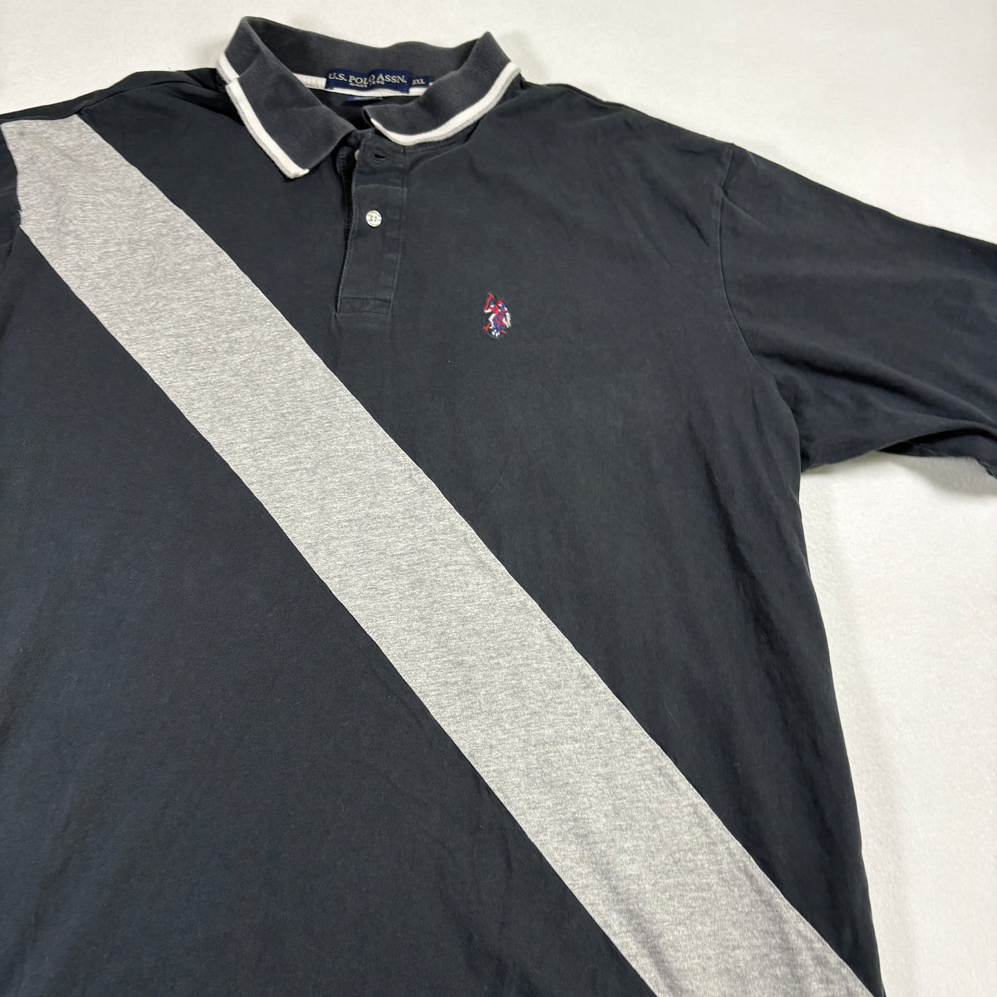 US Polo Assn Mens 3XL Black Gray Diagonal Stripe Polo Shirt Short Sleeve Cotton
