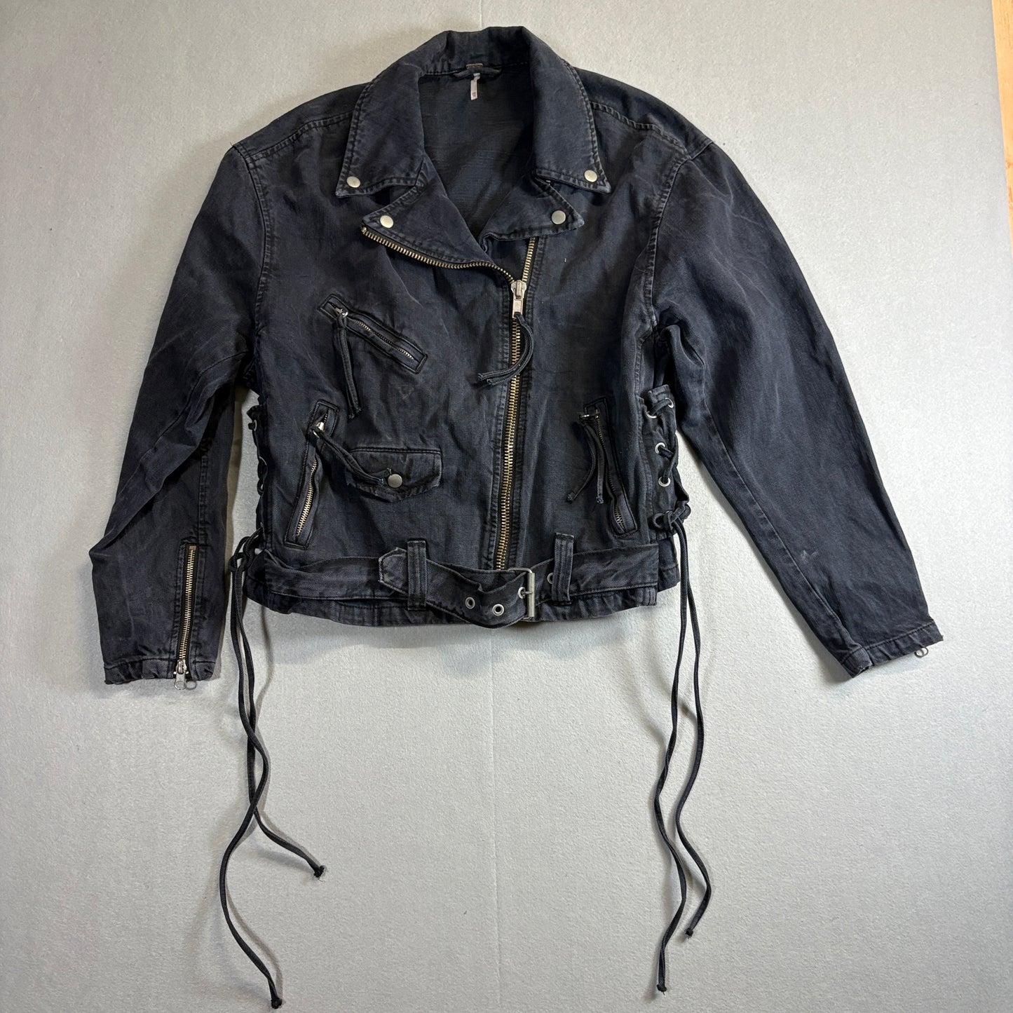 Free People Moto Jacket Womens Fits Like M Black Lace Up Cropped Grunge