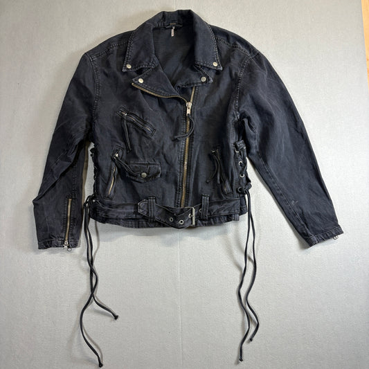 Free People Moto Jacket Womens Fits Like M Black Lace Up Cropped Grunge