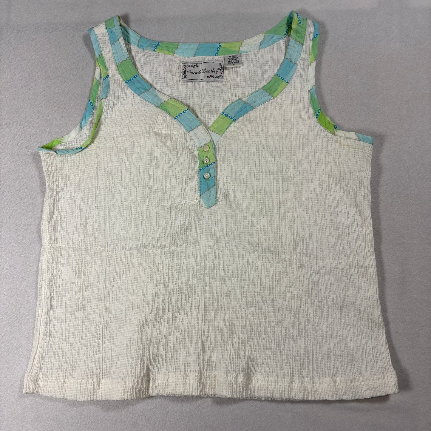 Sarah Bentley White Textured Tank Top Womens M Boho Patch Trim Y2K Summer