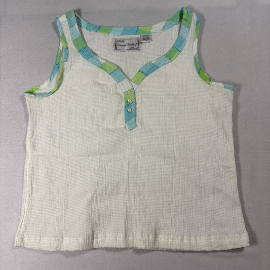 Sarah Bentley White Textured Tank Top Womens M Boho Patch Trim Y2K Summer