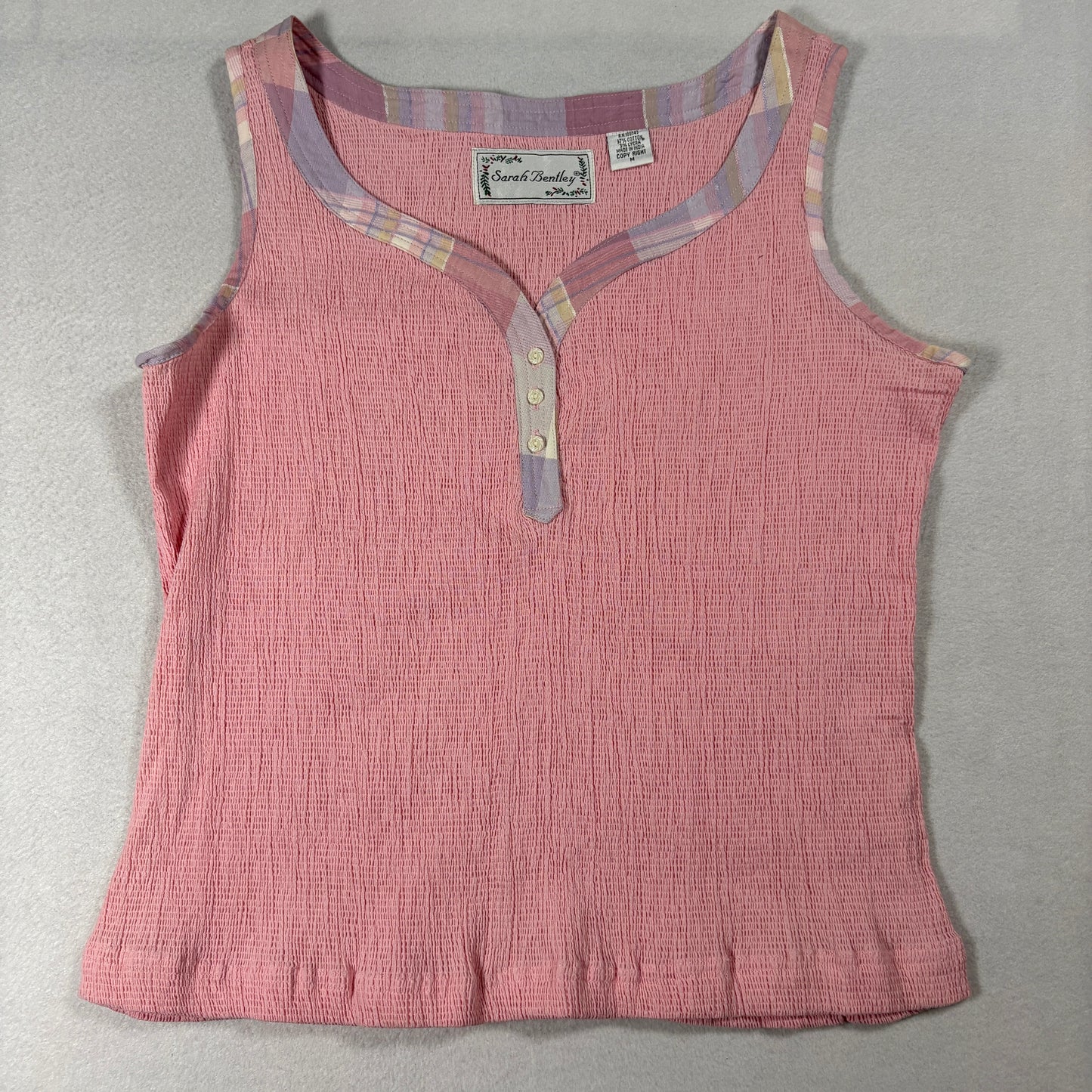 Sarah Bentley Pink Textured Tank Top Womens M Boho Patch Trim Y2K Summer