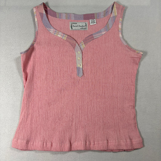 Sarah Bentley Pink Textured Tank Top Womens M Boho Patch Trim Y2K Summer