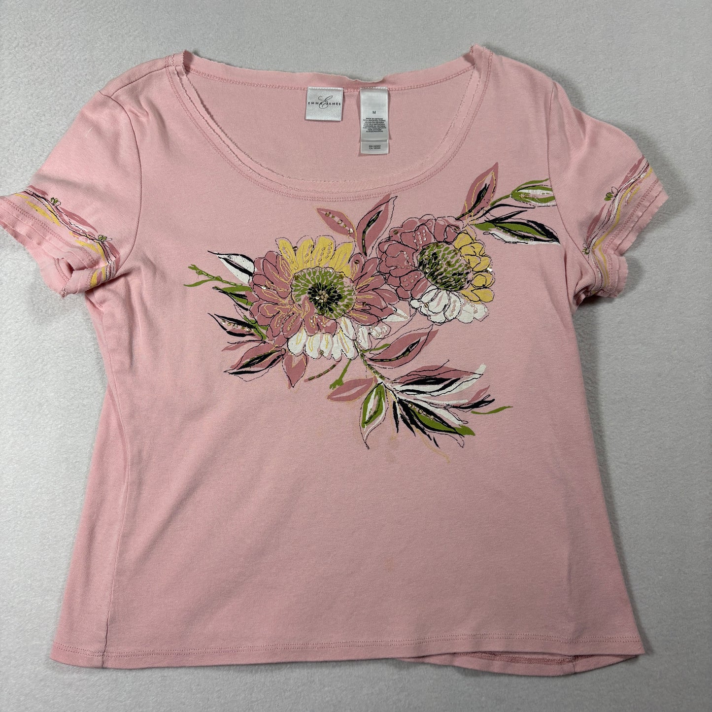 Emma James Pink Floral Graphic T Shirt Womens M Embroidered Cotton Tee