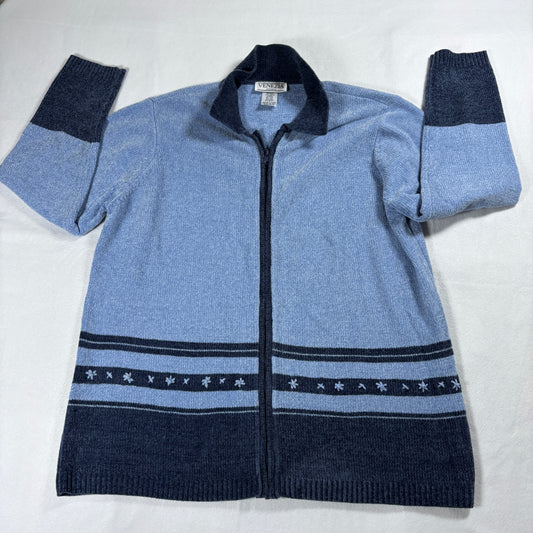 Vintage Venezia Knit Cardigan Sweater Womens L Zip Up Blue Retro Cozy Look 90s