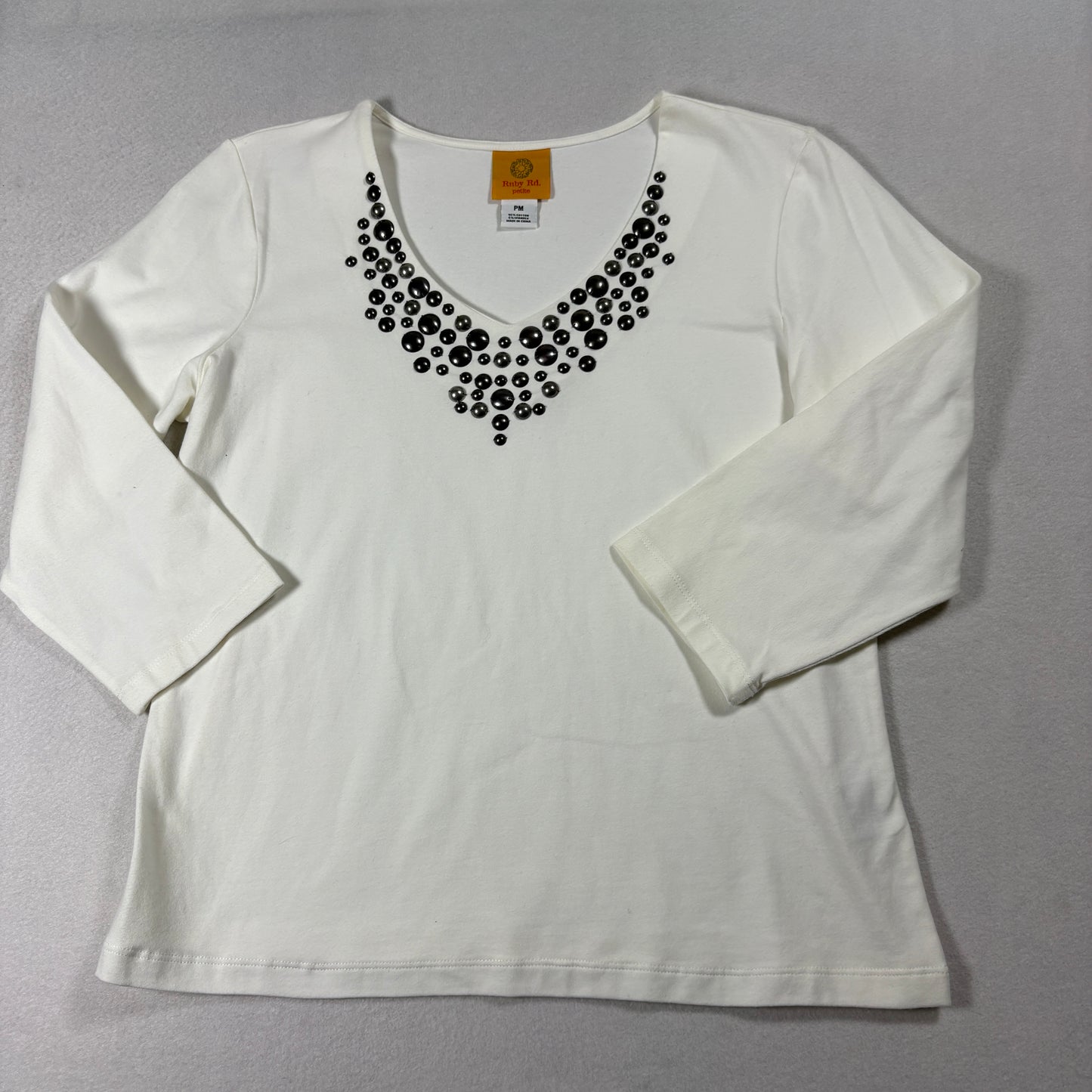 Ruby Rd Petite White Studded Top PM 3/4 Sleeve Embellished Stretch Blouse