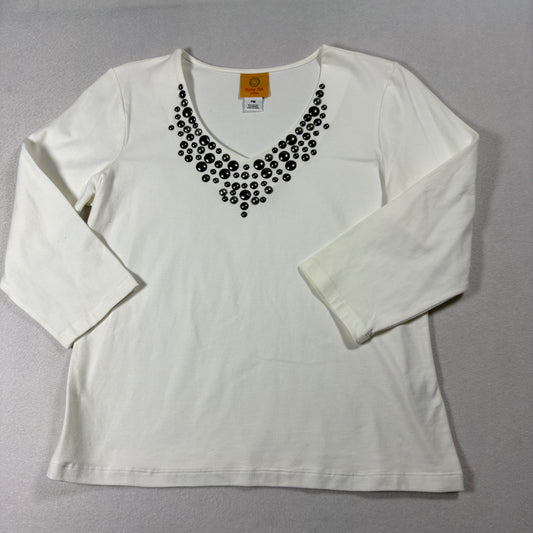 Ruby Rd Petite White Studded Top PM 3/4 Sleeve Embellished Stretch Blouse