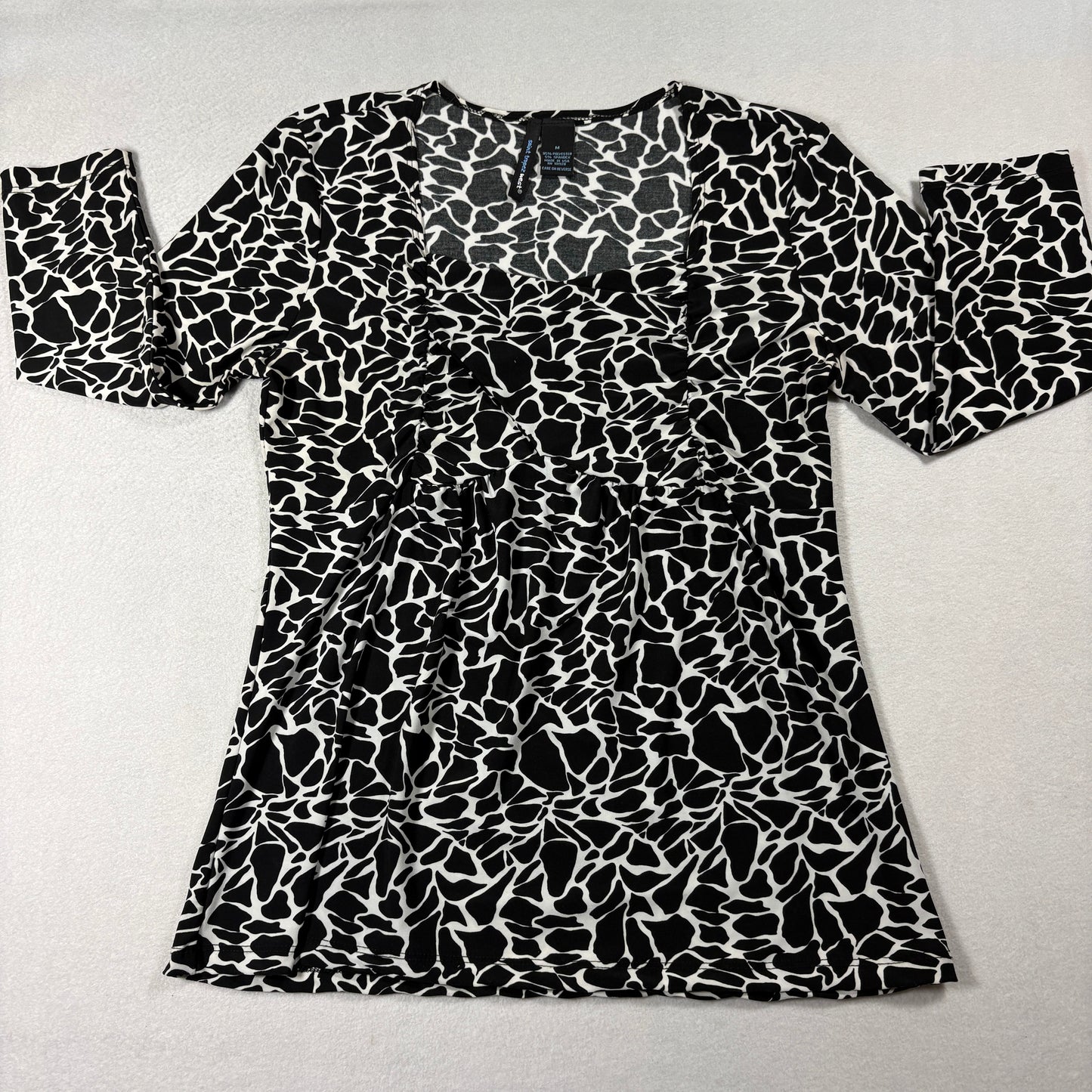 Saint Tropez West Black White Print Top Womens M Stretch 3/4 Sleeve Blouse