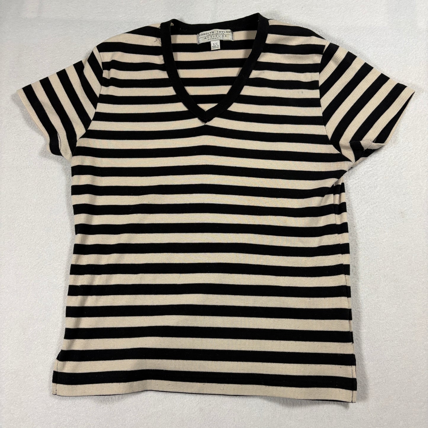 Vintage Carolyn Taylor Striped V Neck T Shirt Womens Small Black Beige Ribbed
