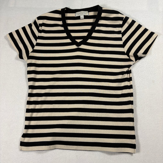 Vintage Carolyn Taylor Striped V Neck T Shirt Womens Small Black Beige Ribbed
