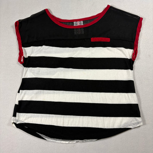 Mauve Striped T Shirt Womens Medium Black White Red Trim Sheer Panel Casual Top
