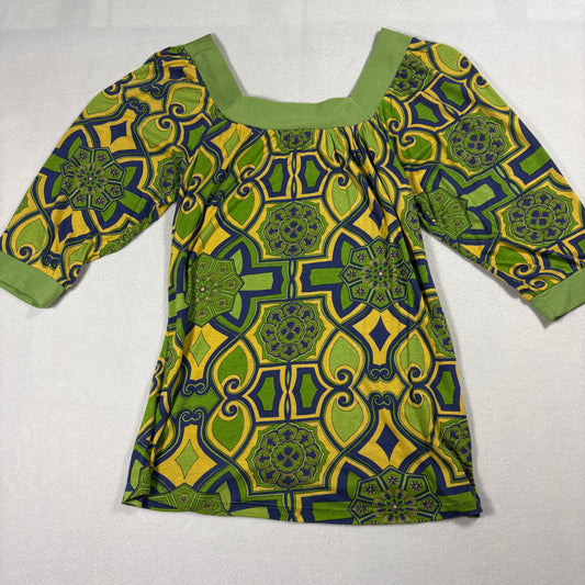 Cha Cha Vente Boho Top Womens Medium Green Yellow Geometric Print 3/4 Sleeve
