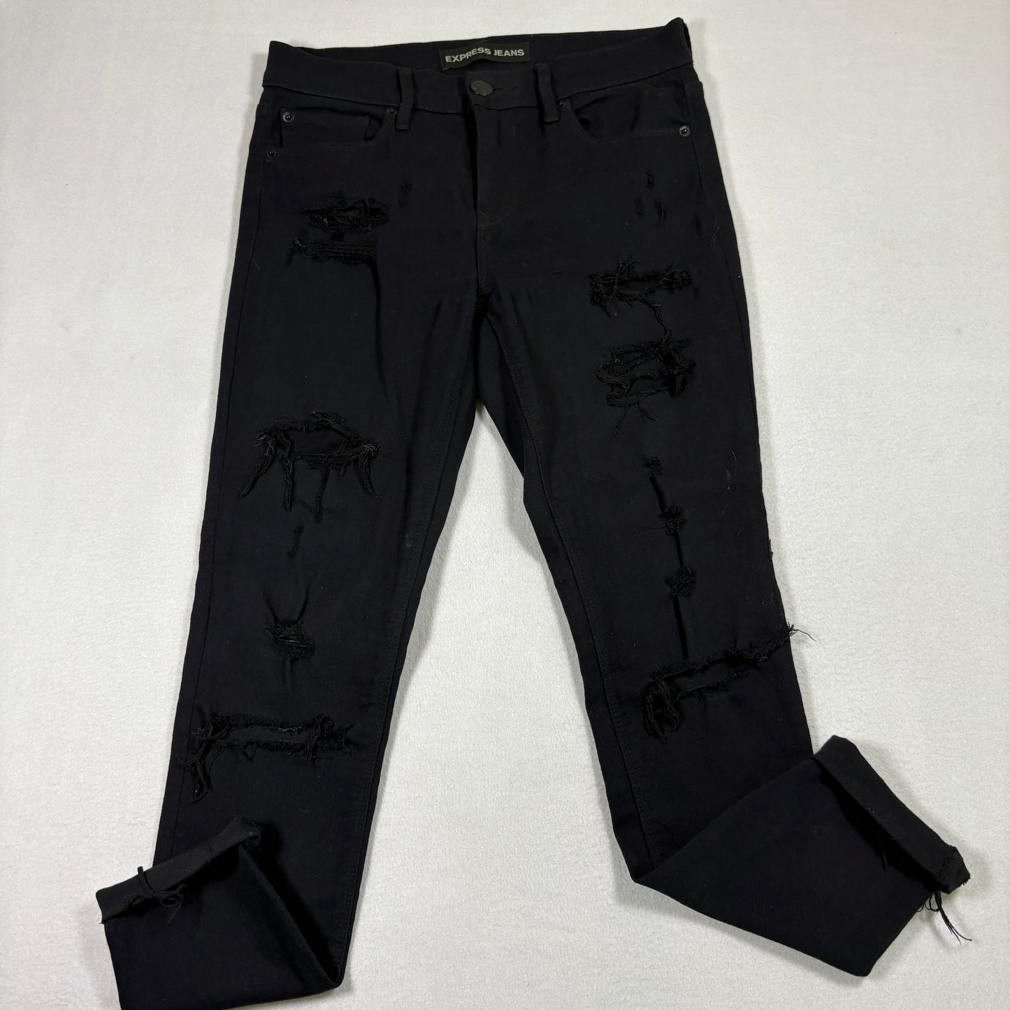 Express Womens Jeans Size 4 Black Distressed Ripped Mid Rise Legging Y2K Grunge