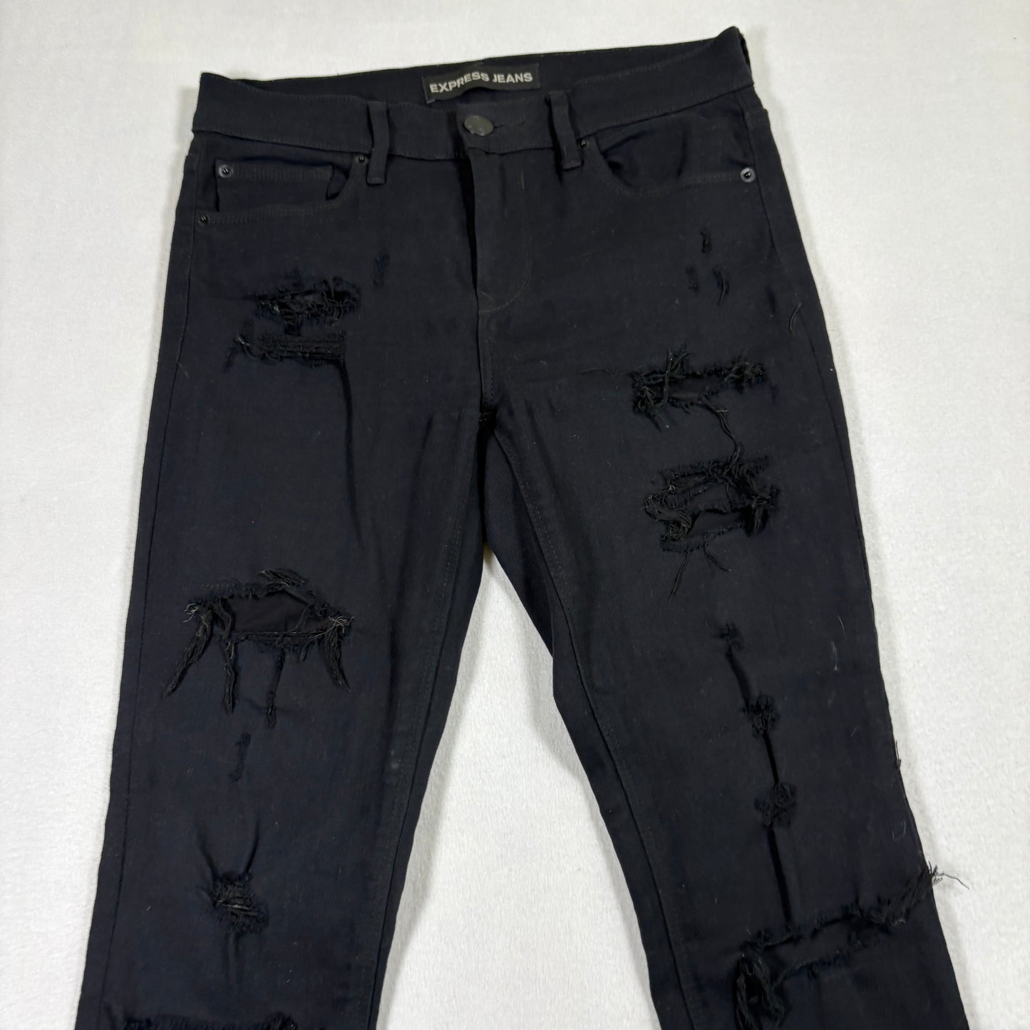 Express Womens Jeans Size 4 Black Distressed Ripped Mid Rise Legging Y2K Grunge