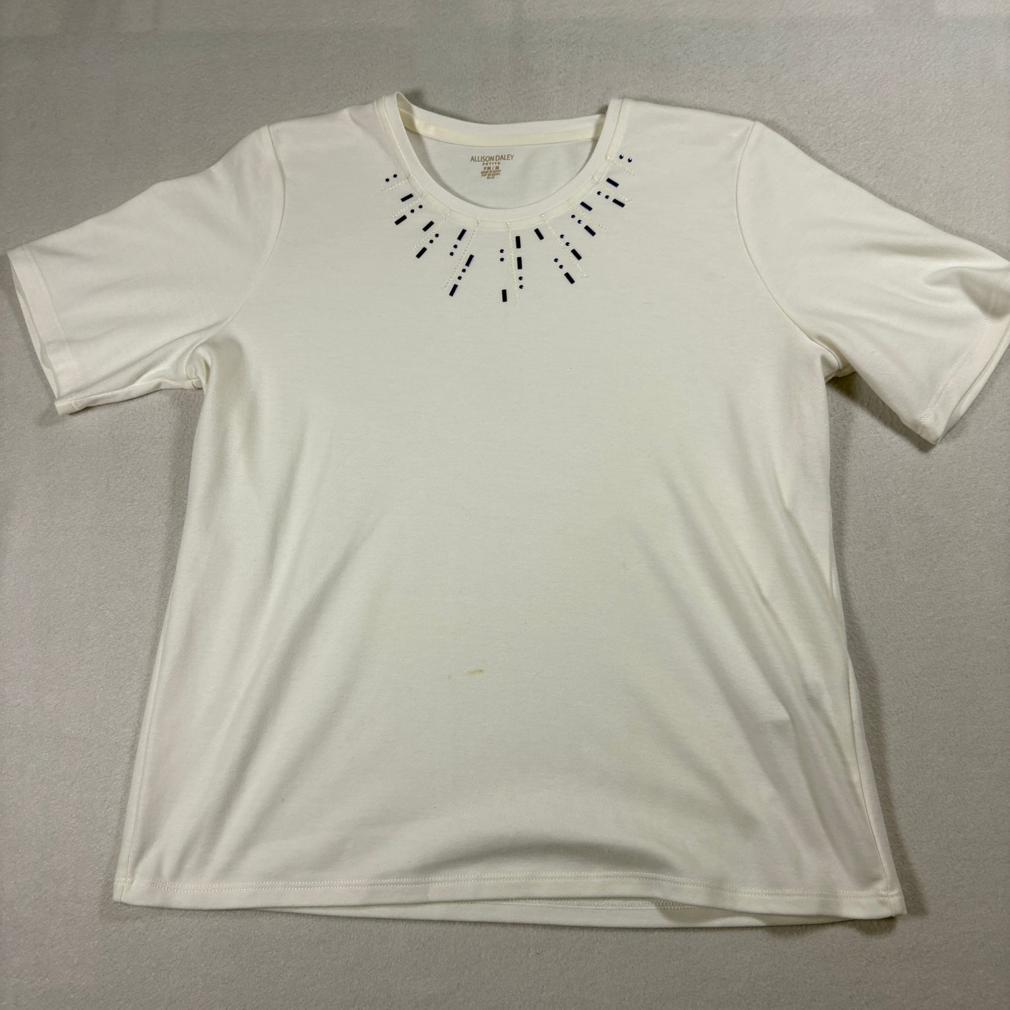 Allison Daley Petite Embellished T Shirt Womens PM Ivory Beaded Neck Casual Tee