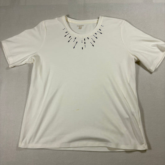 Allison Daley Petite Embellished T Shirt Womens PM Ivory Beaded Neck Casual Tee