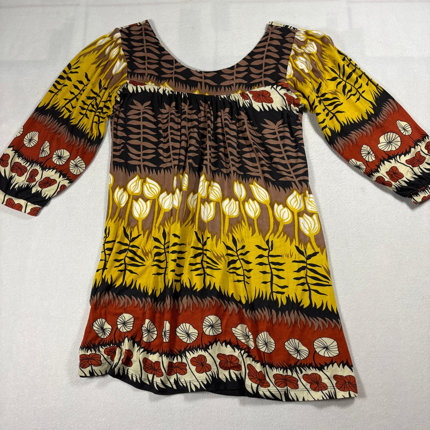 Biographie Boho Top Womens Medium Brown Yellow Red Floral 3/4 Sleeve Tunic