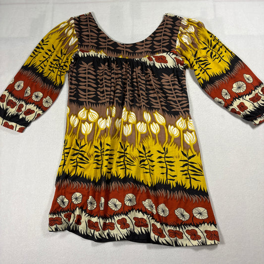 Biographie Boho Top Womens Medium Brown Yellow Red Floral 3/4 Sleeve Tunic