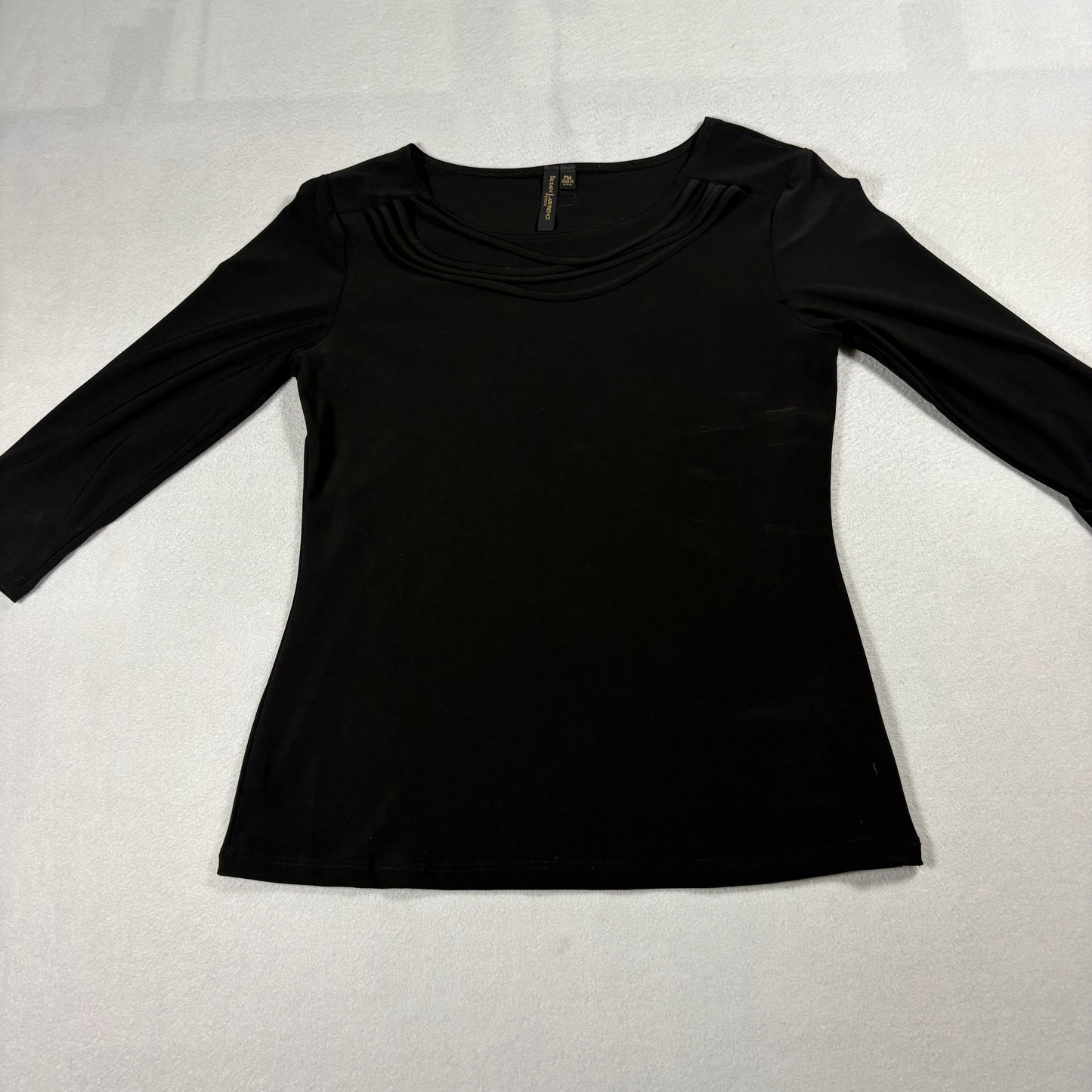 Susan Lawrence Black Top Womens Petite Medium 3/4 Sleeve Draped Neck Stretch