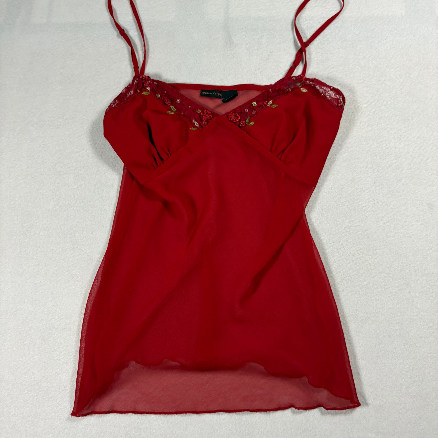 Crown Of Hearts Red Lace Slip Top Womens Medium Sheer Floral Embroidered Cami