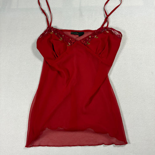 Crown Of Hearts Red Lace Slip Top Womens Medium Sheer Floral Embroidered Cami