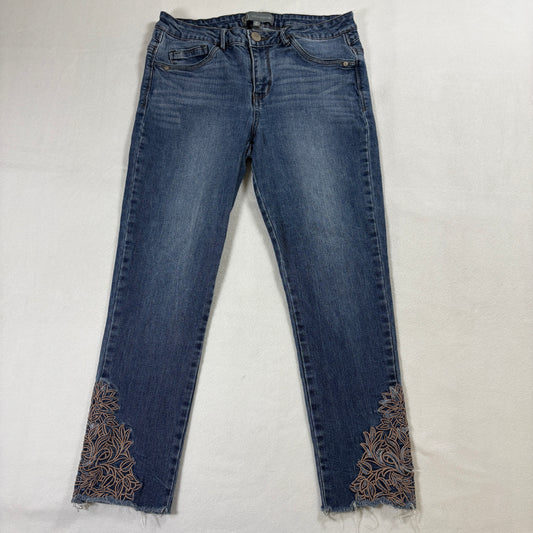 Womens Cropped Jeans 6P Embroidered Hem Raw Wash Petite Stretch Denim Blue Boho