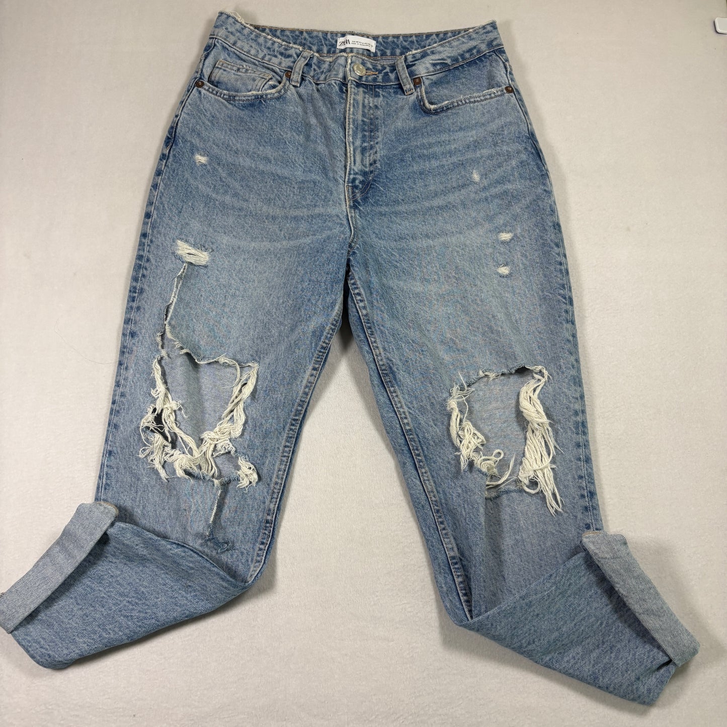 Zara Womens Jeans Size 8 Distressed Ripped Baggy Mom Fit Blue Denim Y2K Grunge