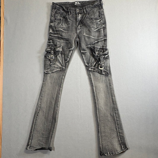ZCL Cargo Flare Jeans Y2K Streetwear Biker Utility Gray Wash Size 30 fits 28x32