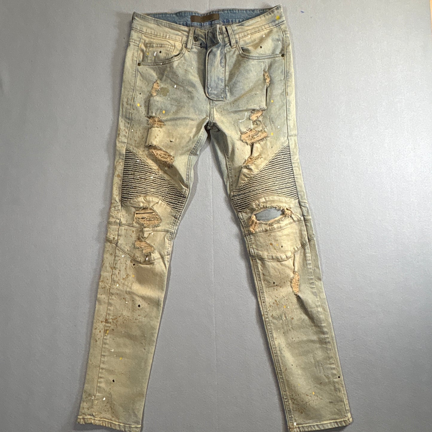 KDNK Biker Distressed Jeans Size 30 Fits Like 30x30 Moto Paint Splatter