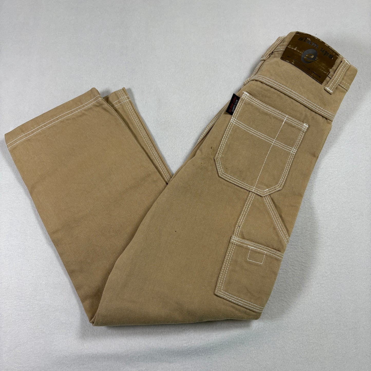 Slam Ups Mens Carpenter Pants 12x26 Tan Khaki Workwear Utility Pockets Y2K