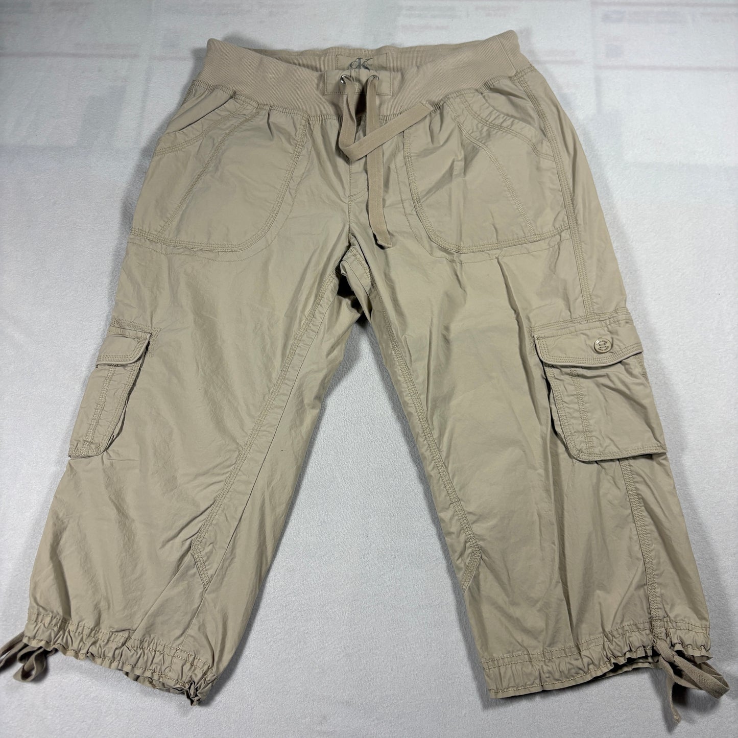 Calvin Klein Womens XL Khaki Cargo Capri Pants Drawstring Waist 100% Cotton