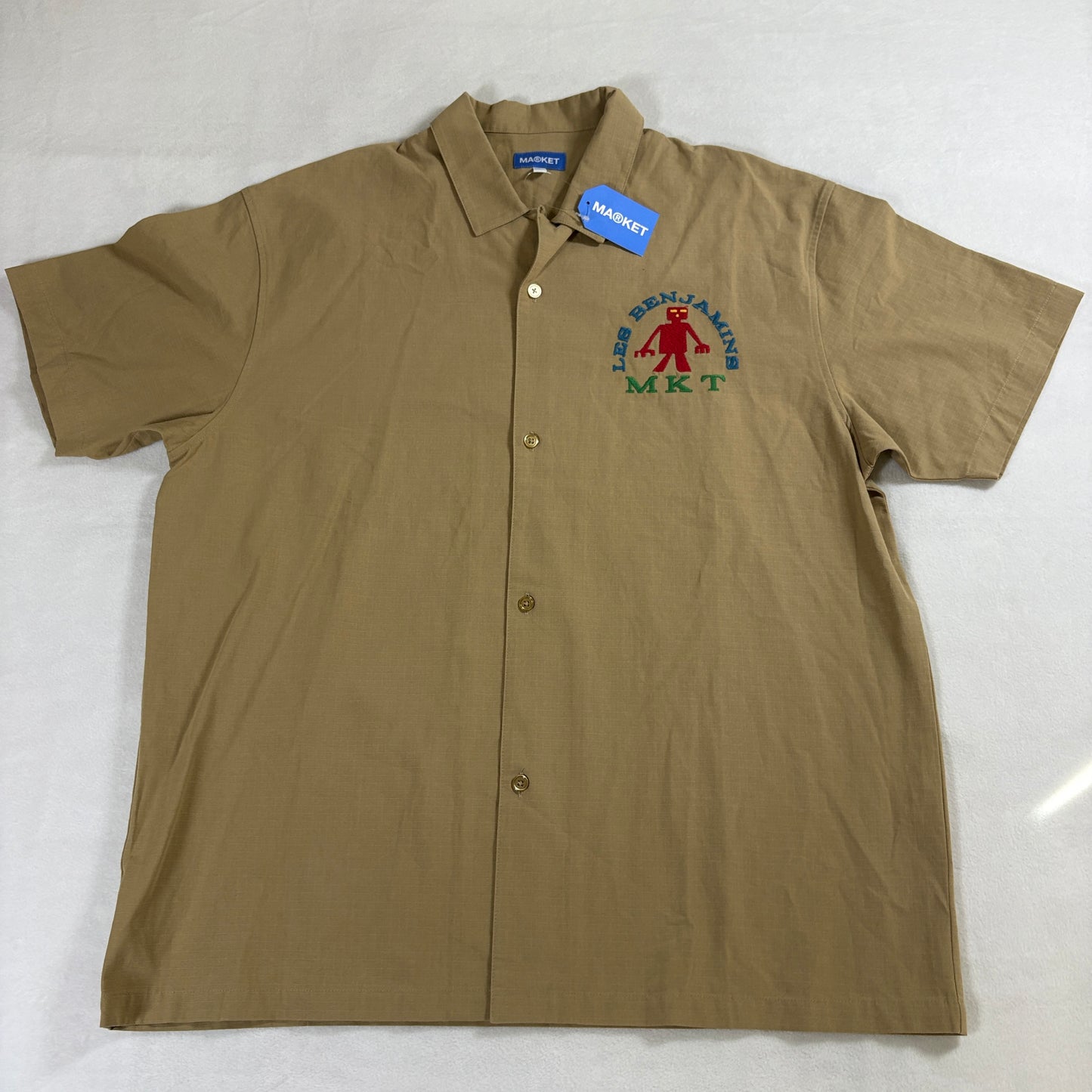 Market MA®KET Les Benjamins MKT Button Up Shirt Men L Tan Streetwear Graphic NWT