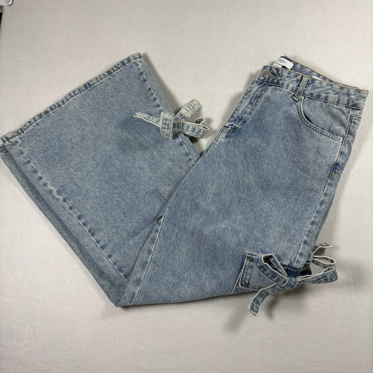 Forever 21 Womens Jeans 29 Y2K Baggy Cargo Bow Tie Flare Denim Grunge Distressed