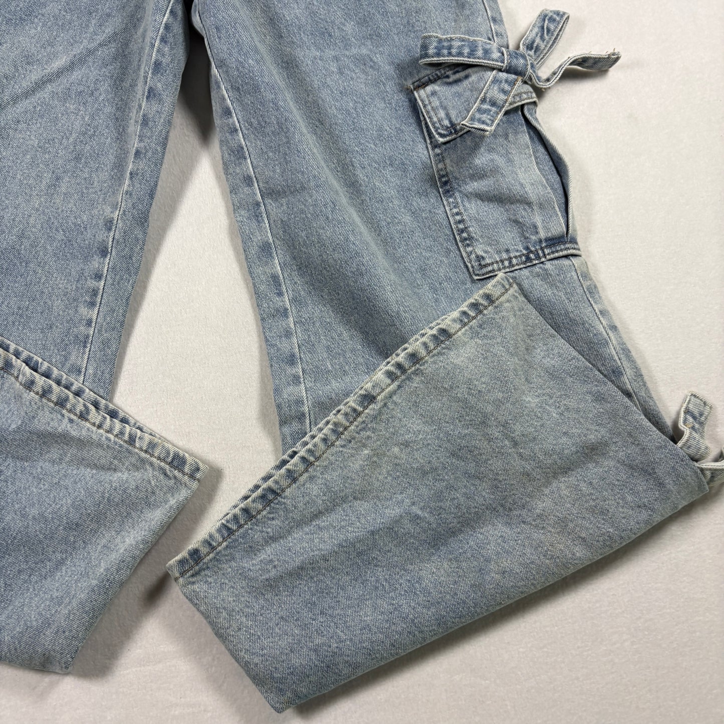 Forever 21 Womens Jeans 29 Y2K Baggy Cargo Bow Tie Flare Denim Grunge Distressed