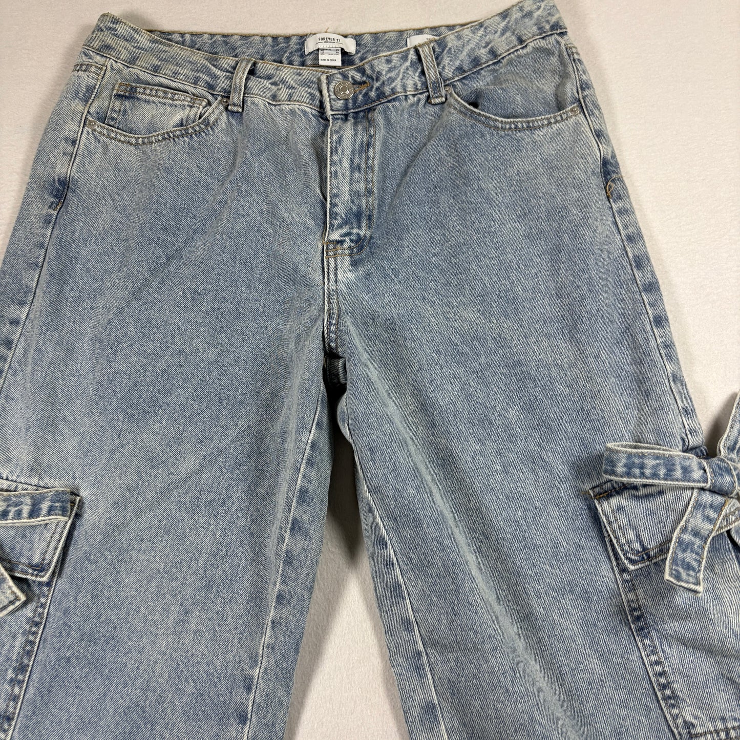Forever 21 Womens Jeans 29 Y2K Baggy Cargo Bow Tie Flare Denim Grunge Distressed