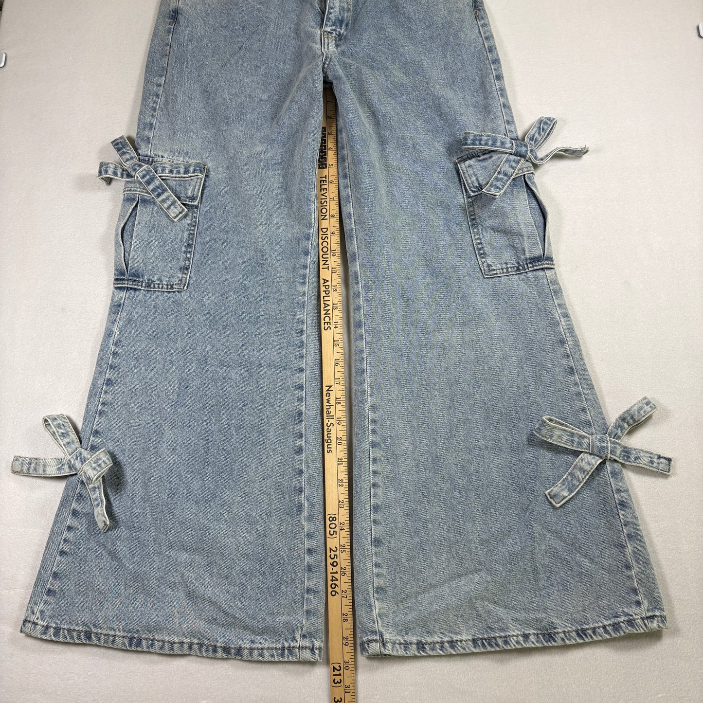 Forever 21 Womens Jeans 29 Y2K Baggy Cargo Bow Tie Flare Denim Grunge Distressed