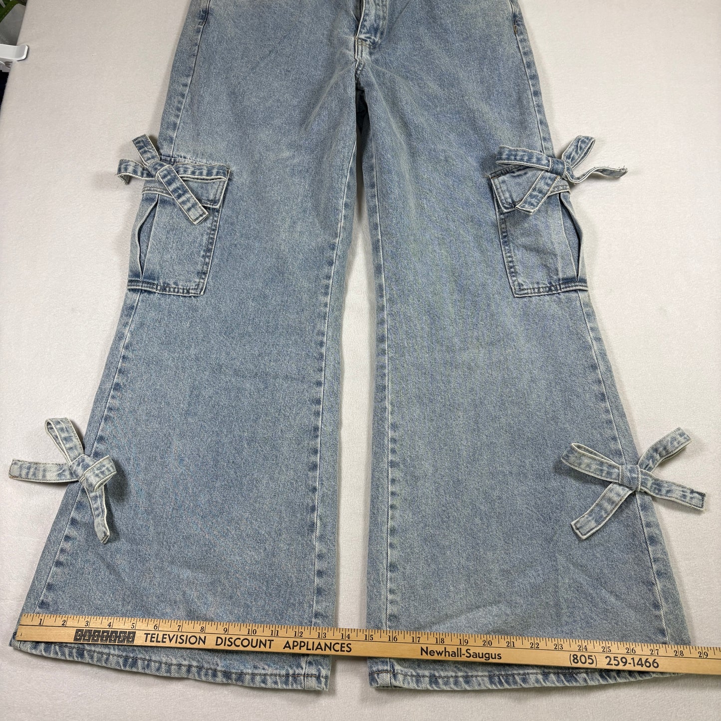 Forever 21 Womens Jeans 29 Y2K Baggy Cargo Bow Tie Flare Denim Grunge Distressed