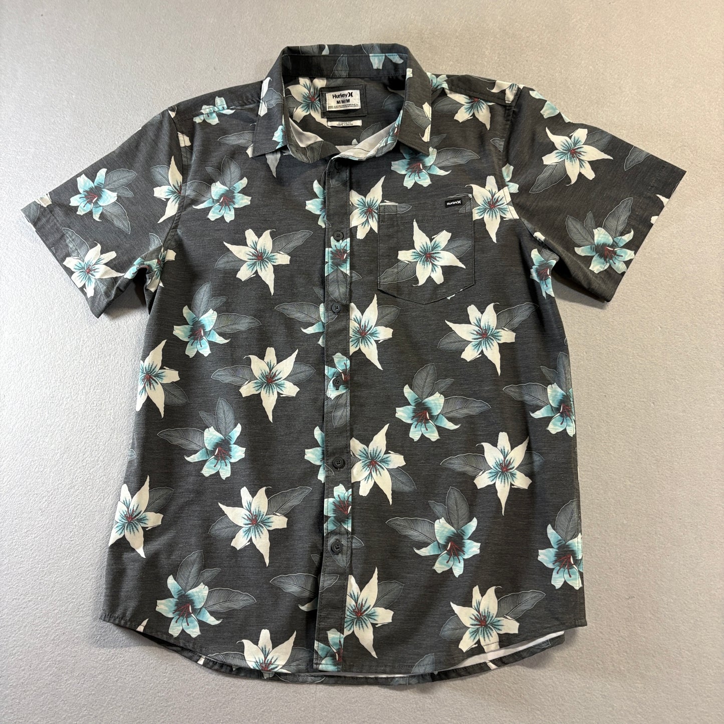 Hurley Floral Hawaiian Shirt Medium Fits Like M Gray Stretch Beach Surf Aloha