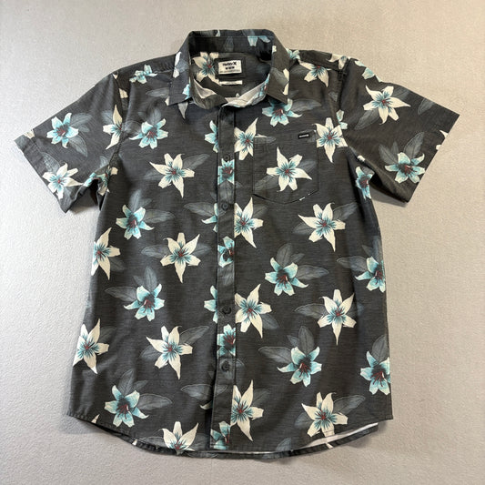 Hurley Floral Hawaiian Shirt Medium Fits Like M Gray Stretch Beach Surf Aloha