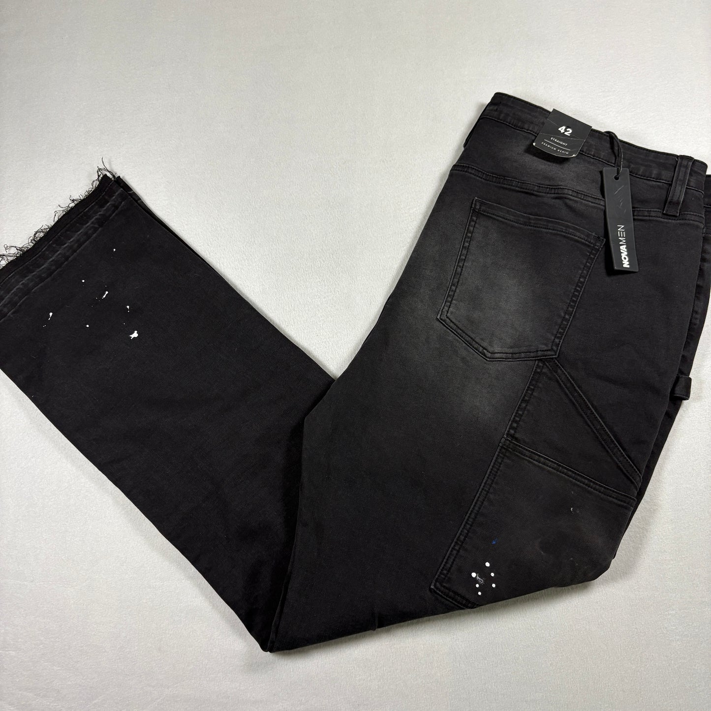 Nova Men Jeans 42 Black Distressed Carpenter Relaxed Fit Paint Splatter NWT