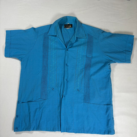 Yucal Guayabera Shirt 42 Blue Short Sleeve Embroidered Cuban Mexico Pockets