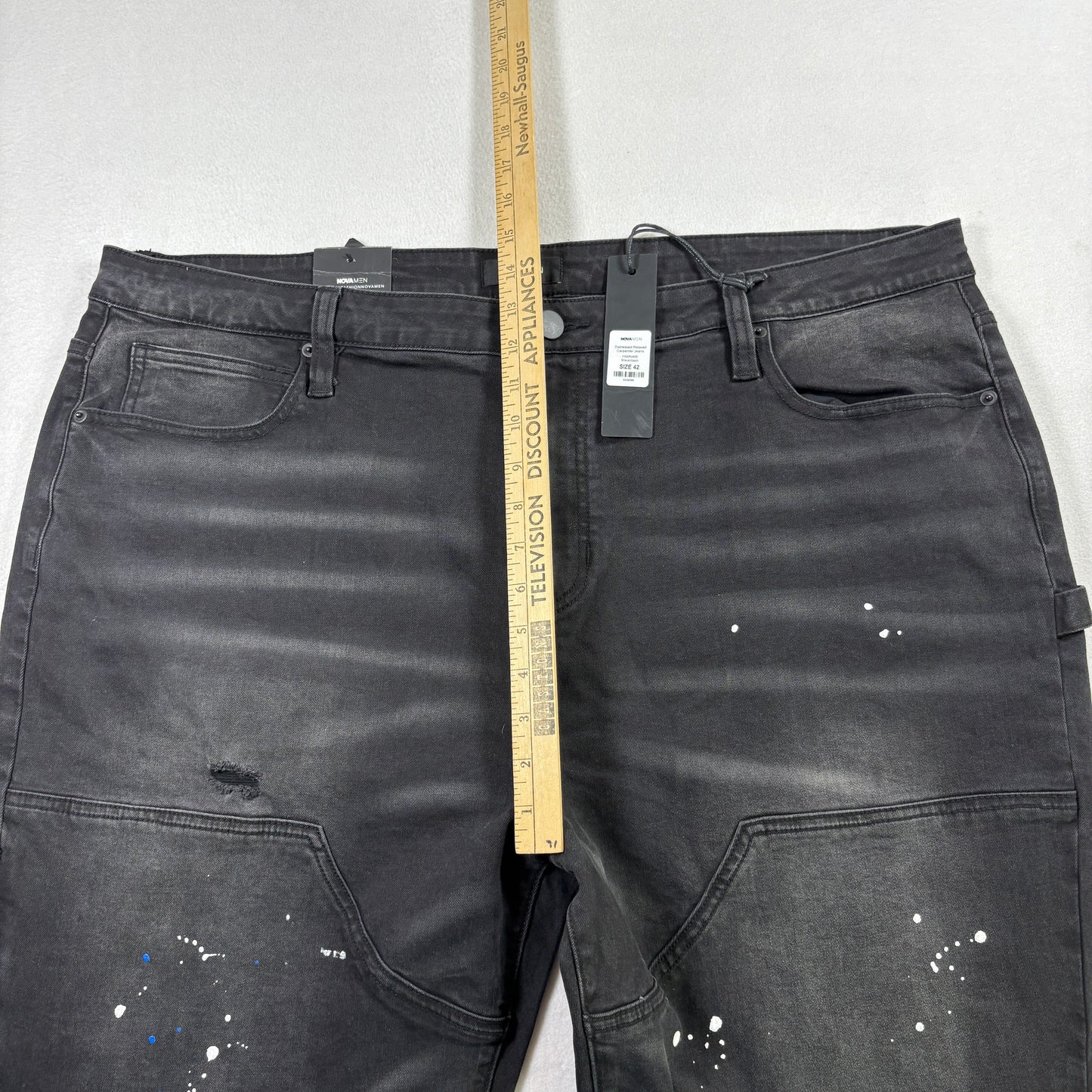 Nova Men Jeans 42 Black Distressed Carpenter Relaxed Fit Paint Splatter NWT