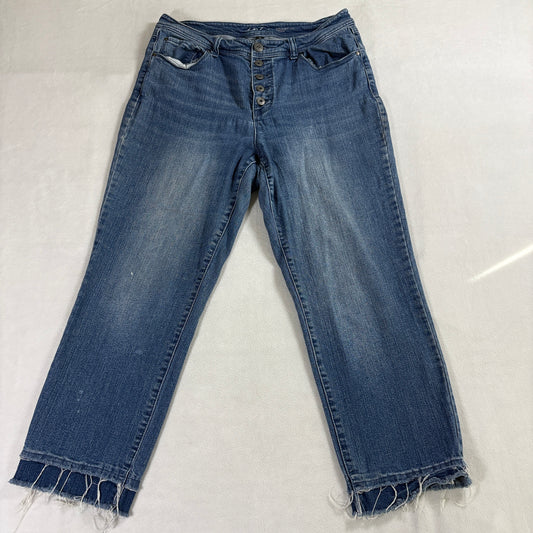 INC Straight Leg Womens 12 Button Fly Cropped Jeans Raw Hem Stretch Denim Blue