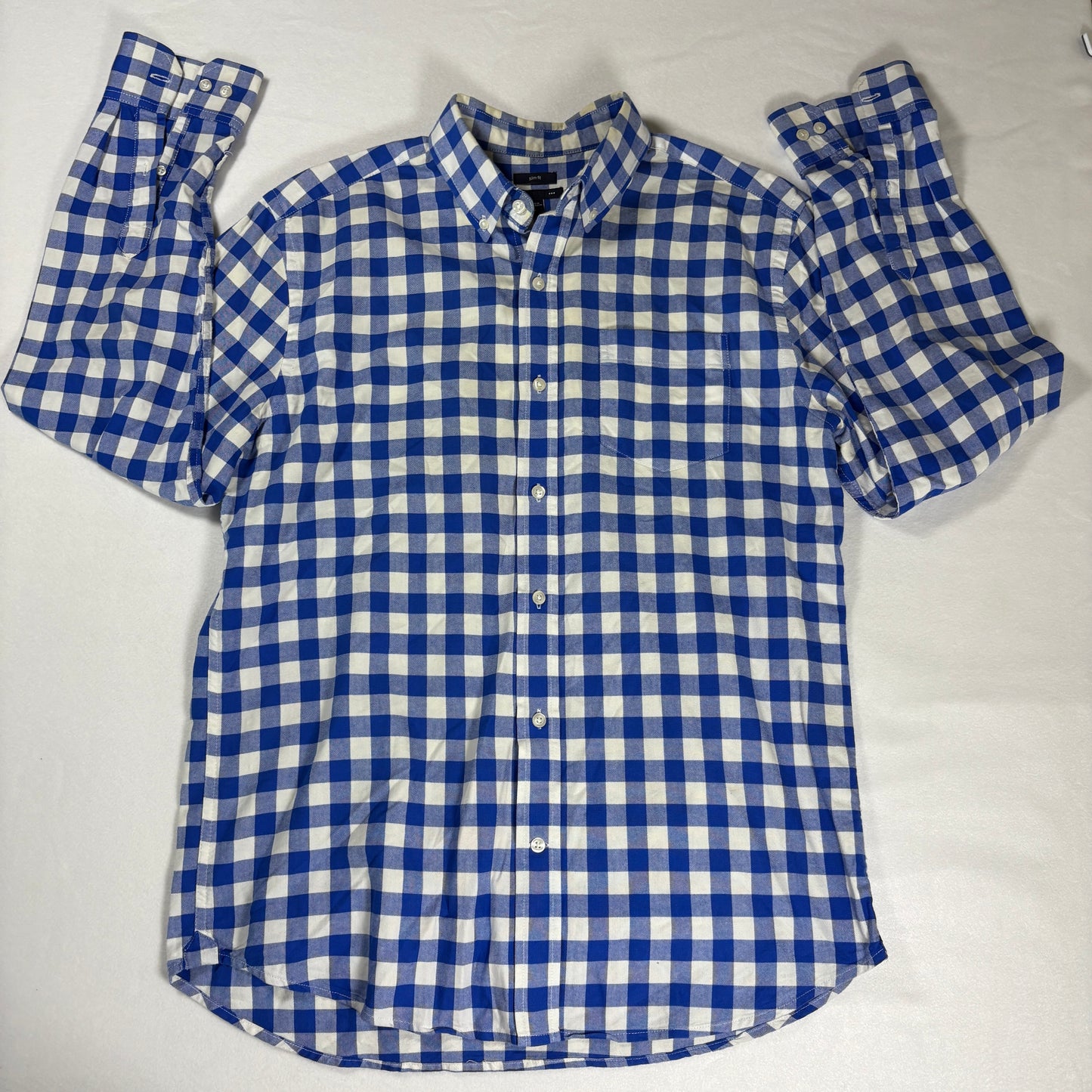 Gap Shirt Slim Fit Large Blue White Gingham Check Long Sleeve Button Down